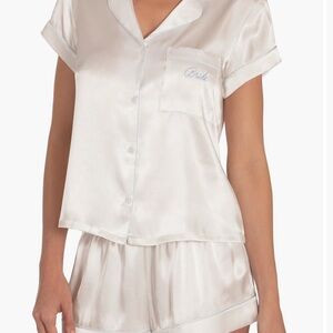 Silky Satin Short Pajama Set with Embroidered Pocket - White